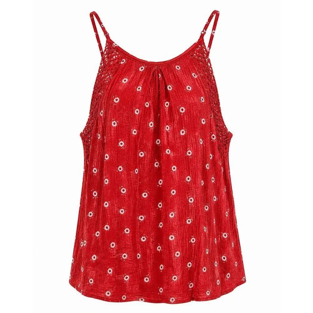 Mine Crinkle Floral Tank Top High Neck Boho Cami Red Womens Size L Daisy